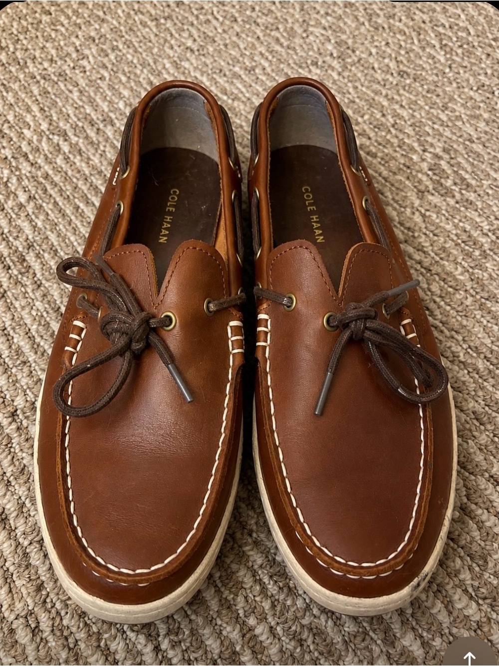 Cole Haan Men's Tan Leather Boat Shoes with White Sole